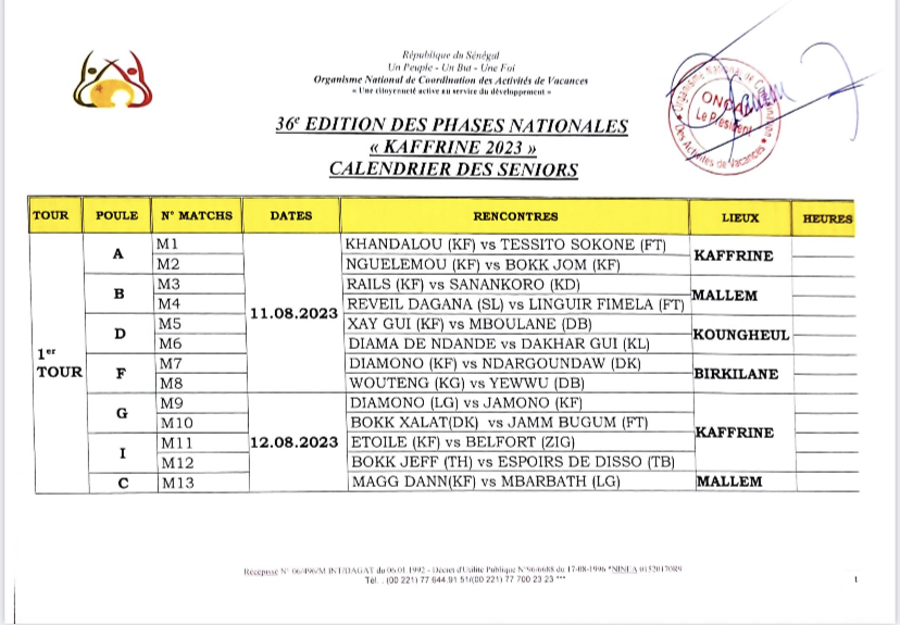 36° EDITION DES PHASES NATIONALES «KAFFRINE2023 » CALENDRIER DES SENIORS